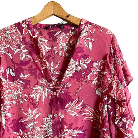 ZARA Printed Top Ruffles Floral Pink 3/4 Sleeves Button Down Chiffon Medium NWT - Picture 8 of 14